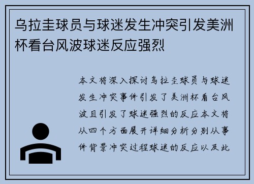乌拉圭球员与球迷发生冲突引发美洲杯看台风波球迷反应强烈