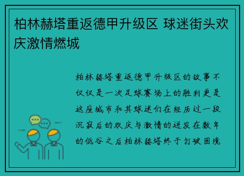 柏林赫塔重返德甲升级区 球迷街头欢庆激情燃城